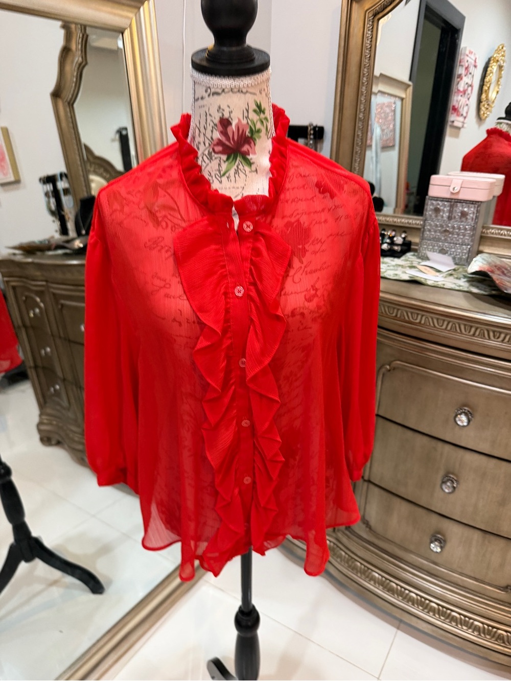 Zara Red Sheer Ruffle-Front Blouse - Picture 2 of 7
